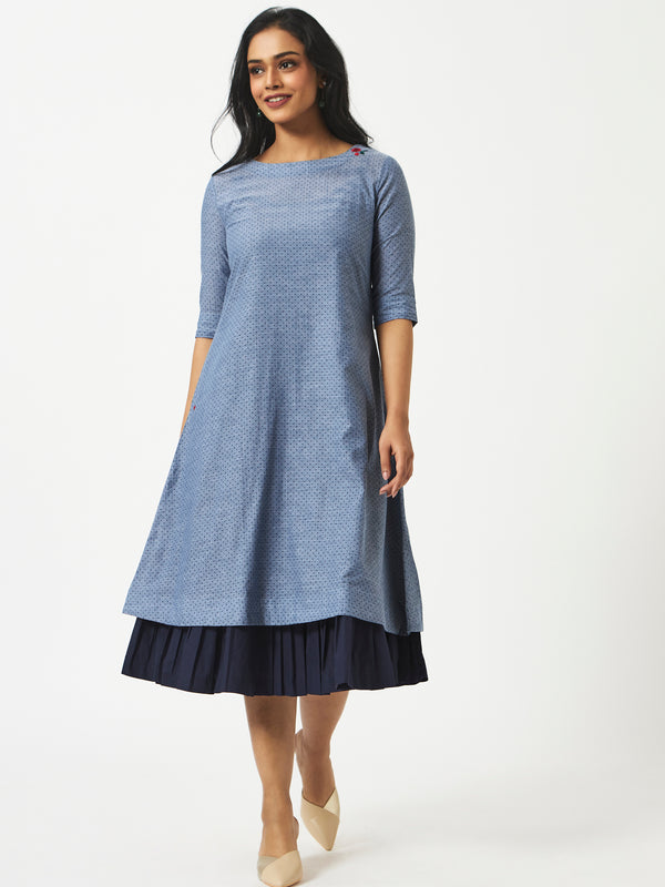 Organic Cotton Blue Chambray Printed Layered Half-Sleeve Dress - MSG06BCDT