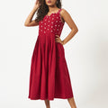 Organic Cotton Red Strappy Dress with Scallop Embroidery - MSG155ARD