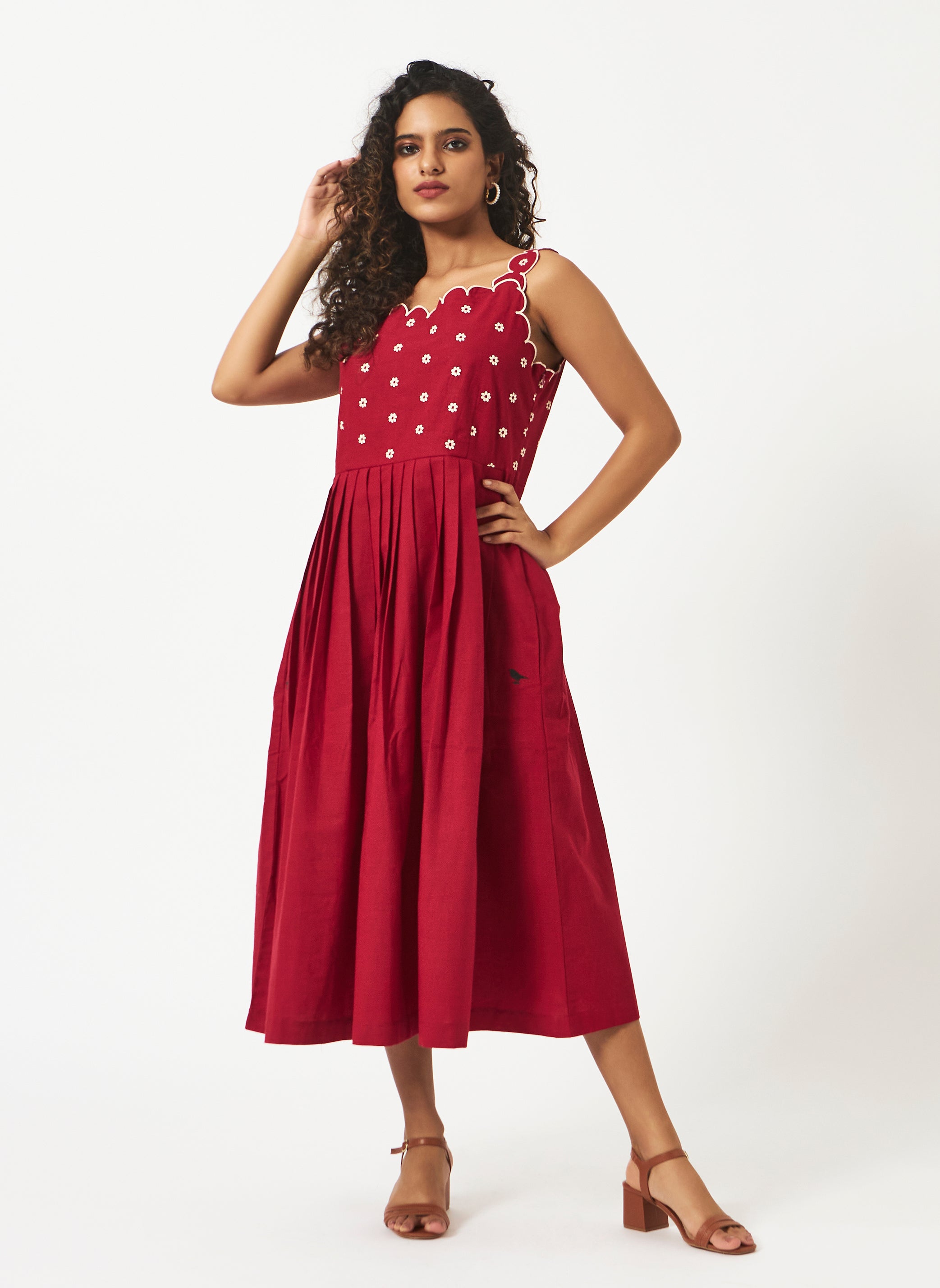 Organic Cotton Red Strappy Dress with Scallop Embroidery - MSG155ARD