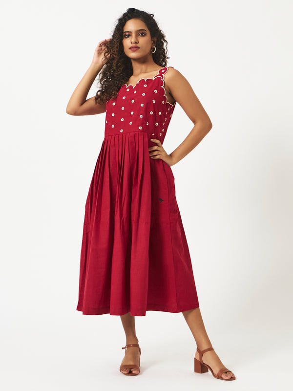 Organic Cotton Red Strappy Dress with Scallop Embroidery - MSGCS155ARD