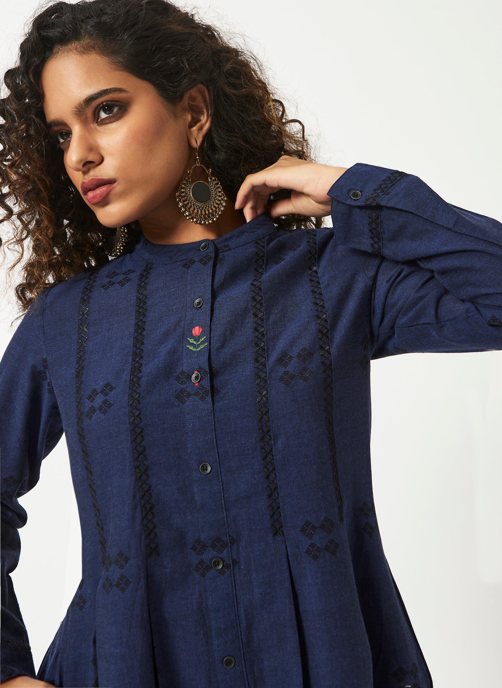 Organic Cotton Navy Chambray  Dobby Pleated Full Sleeve Dress - MSG57BNVYDBY