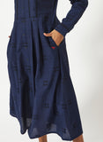 Organic Cotton Navy Chambray  Dobby Pleated Full Sleeve Dress