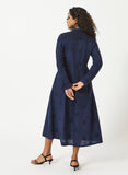 Organic Cotton Navy Chambray  Dobby Pleated Full Sleeve Dress