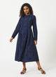 Organic Cotton Navy Chambray  Dobby Pleated Full Sleeve Dress - MSG57BNVYDBY