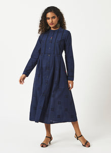 Organic Cotton Navy Chambray  Dobby Pleated Full Sleeve Dress