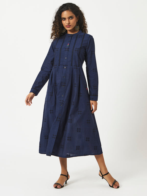 Organic Cotton Navy Chambray  Dobby Pleated Full Sleeve Dress - MSG57BNVYDBY