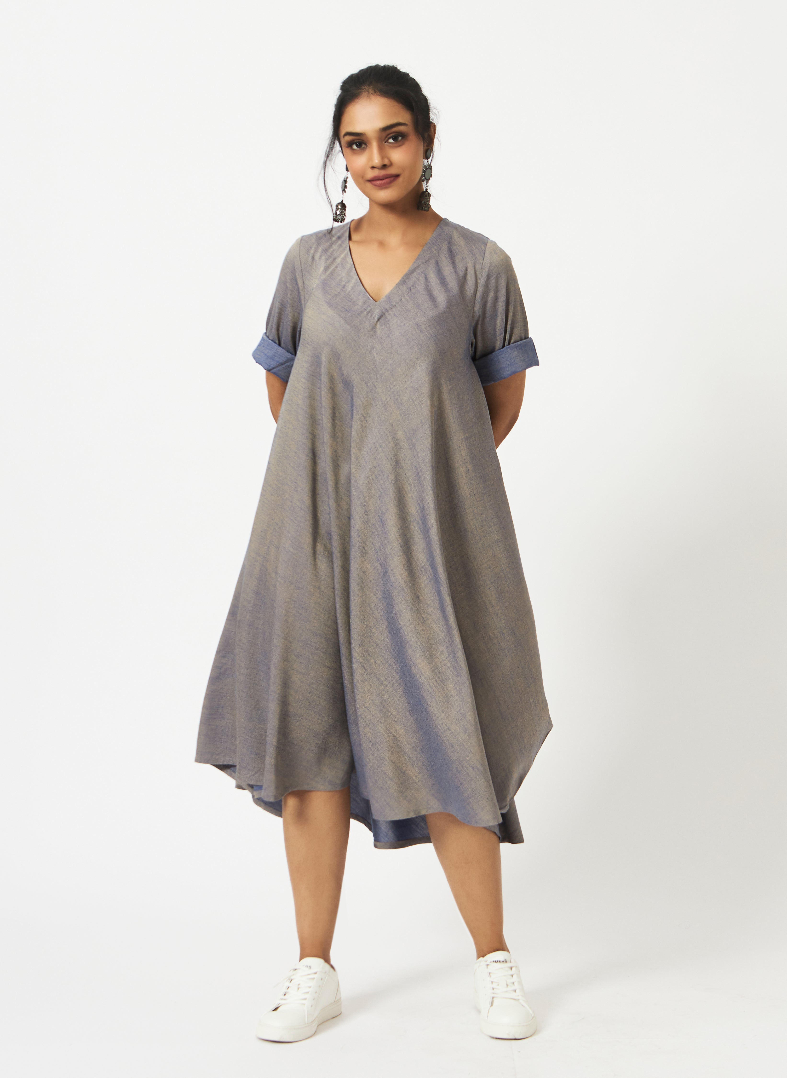 Eco Viscose Blue Duotone V-neck dress-MSG49BLDU