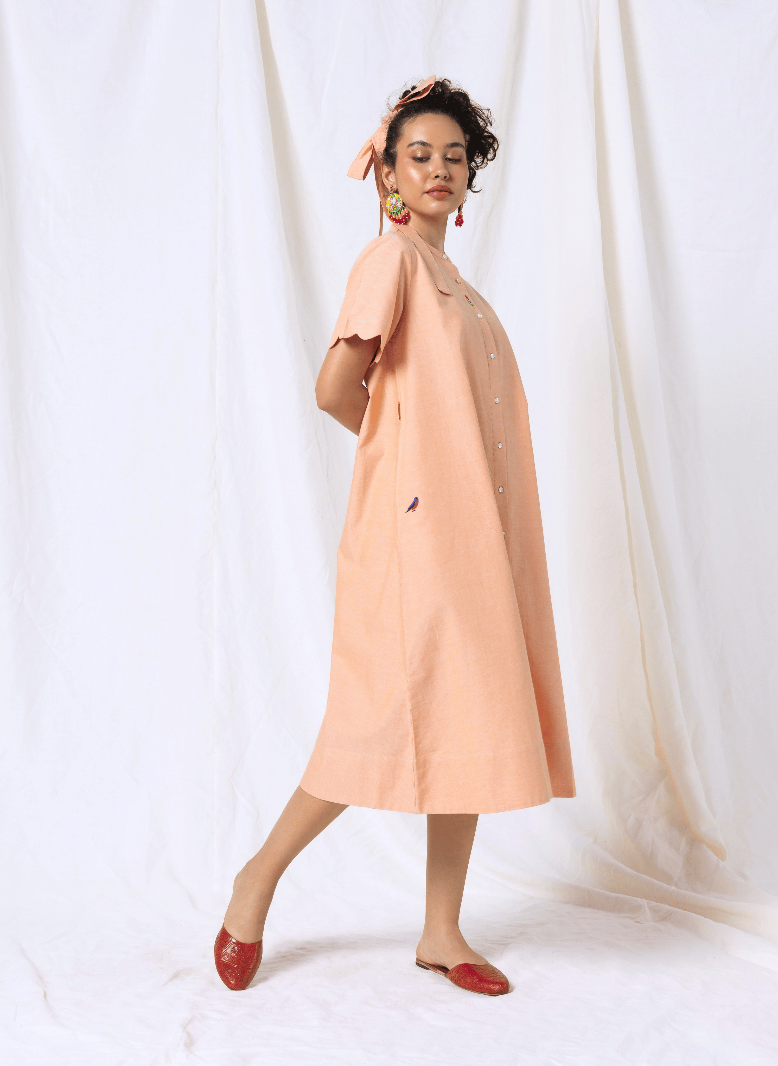 100% Organic Cotton Orange Scalloped Midi Dress with Embroidery – MWA20531