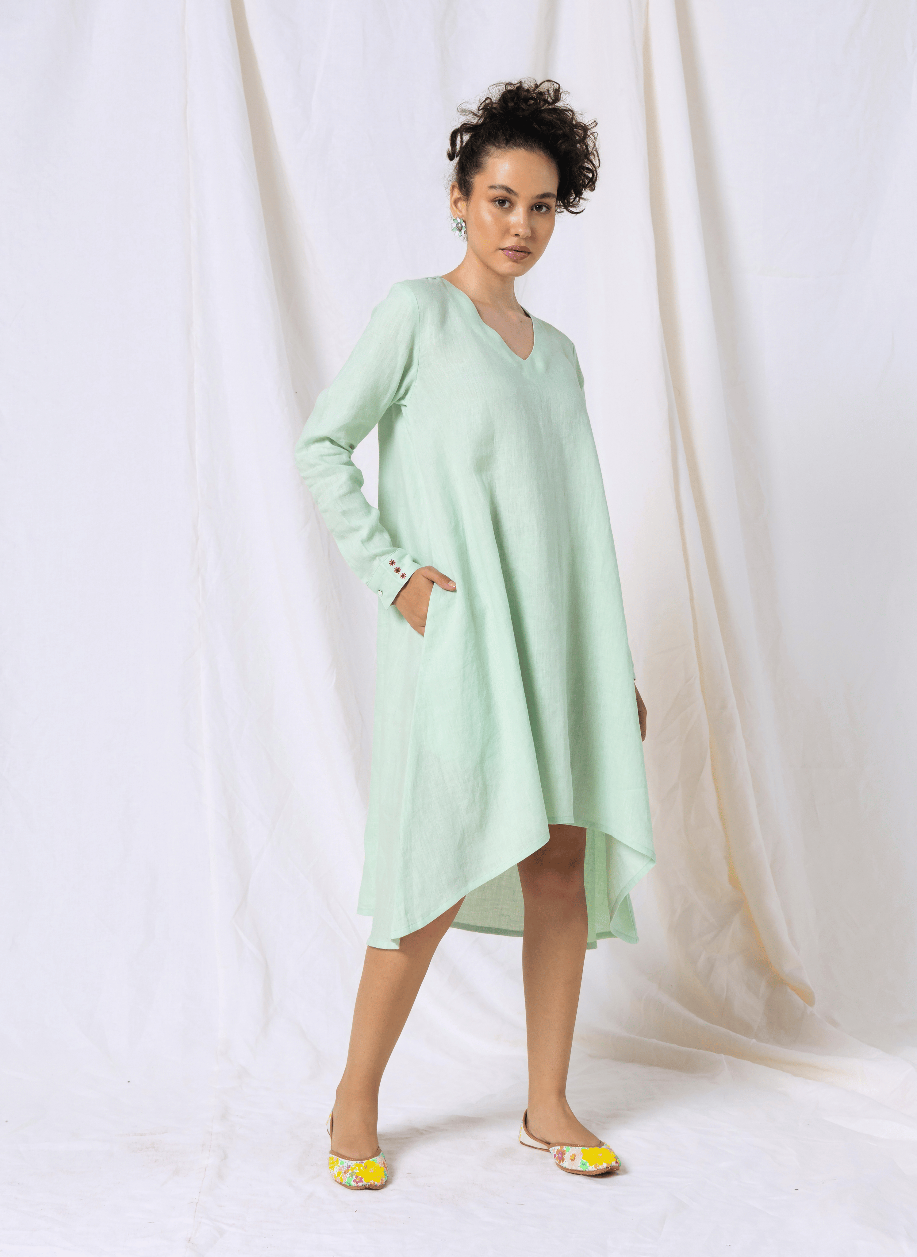 100% Linen Sage Green High-Low Knee-Length Dress with Embroidery – MWA20782