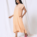 100% Linen Orange Midi Dress with Embroidery - MWA20901