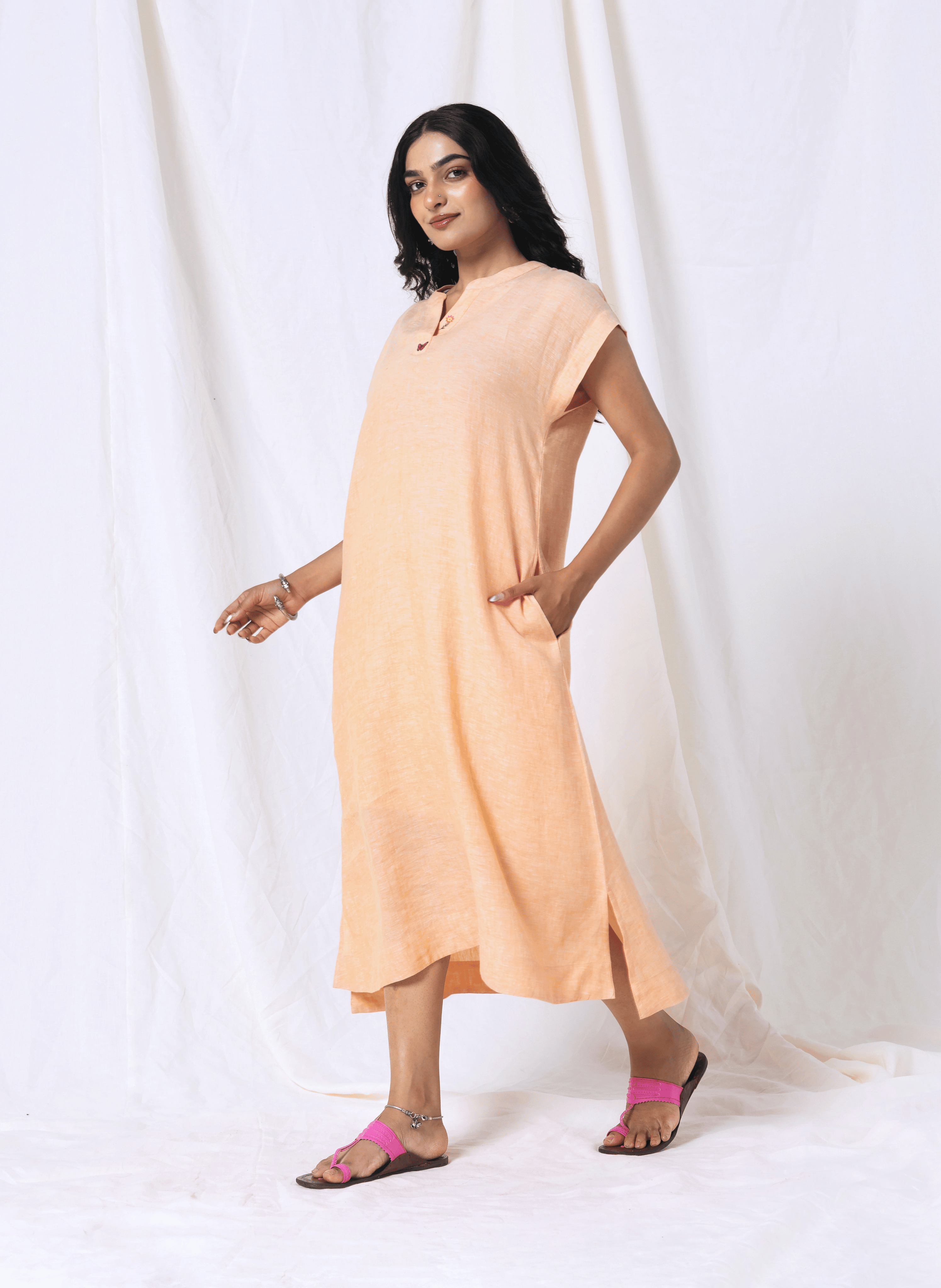 100% Linen Orange Midi Dress with Embroidery - MWA20901