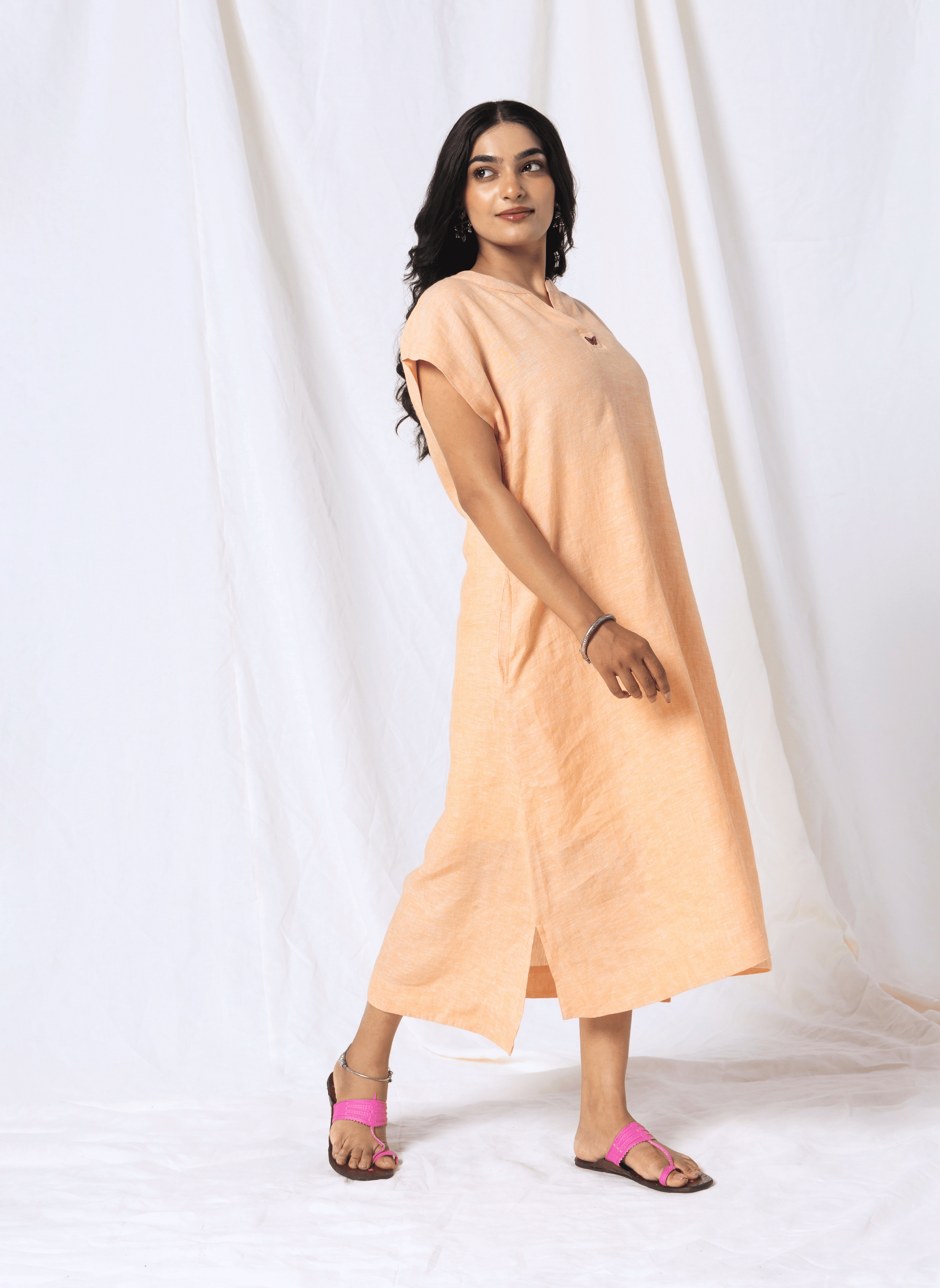 100% Linen Orange Midi Dress with Embroidery - MWA20901
