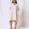 100% Linen Peach High-Low Knee-Length Dress with Embroidery- MWA20781