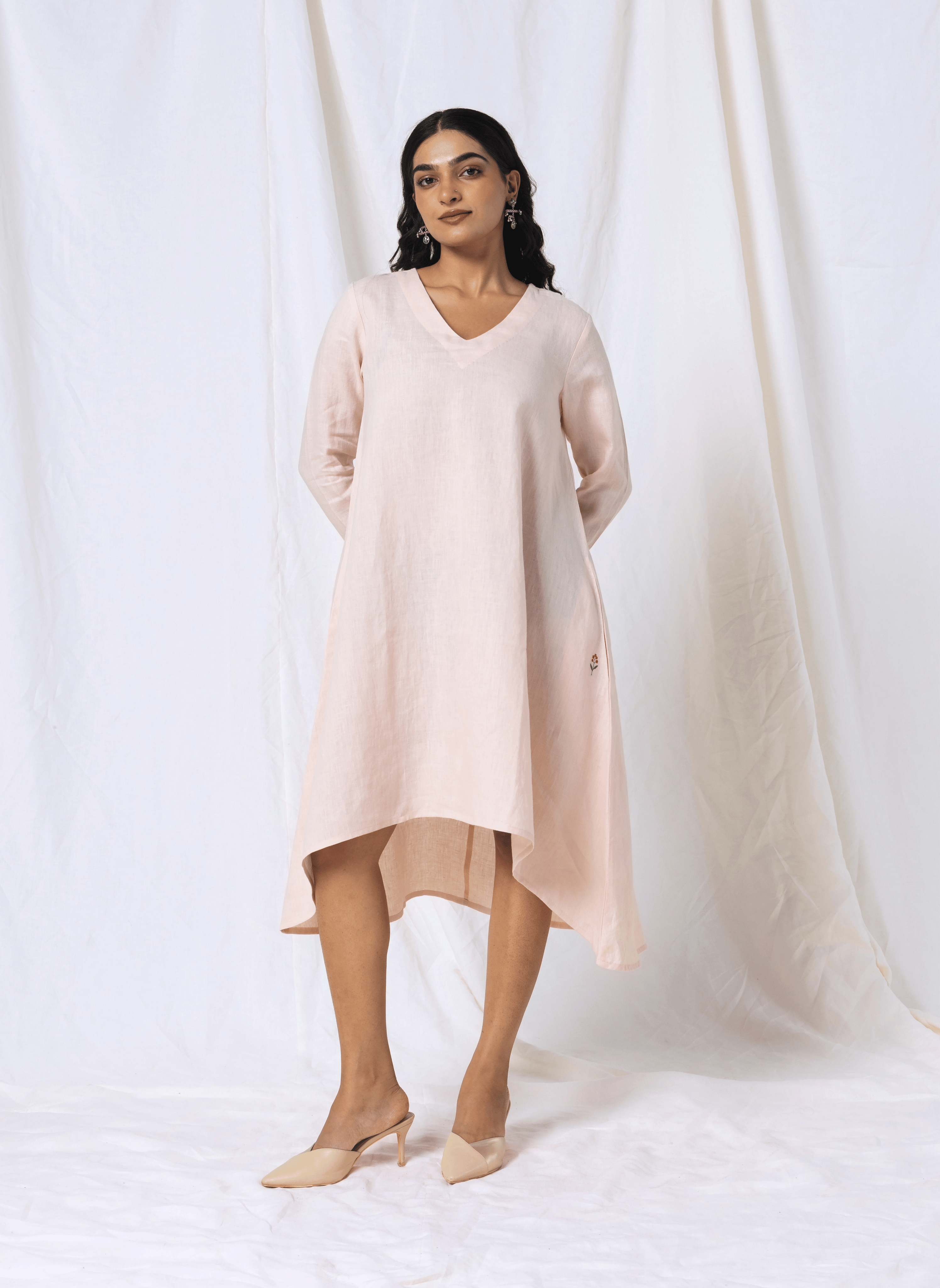 100% Linen Peach High-Low Knee-Length Dress with Embroidery- MWA20781