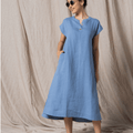 100% Linen Teal Blue Midi Dress with Embroidery - MWA20901