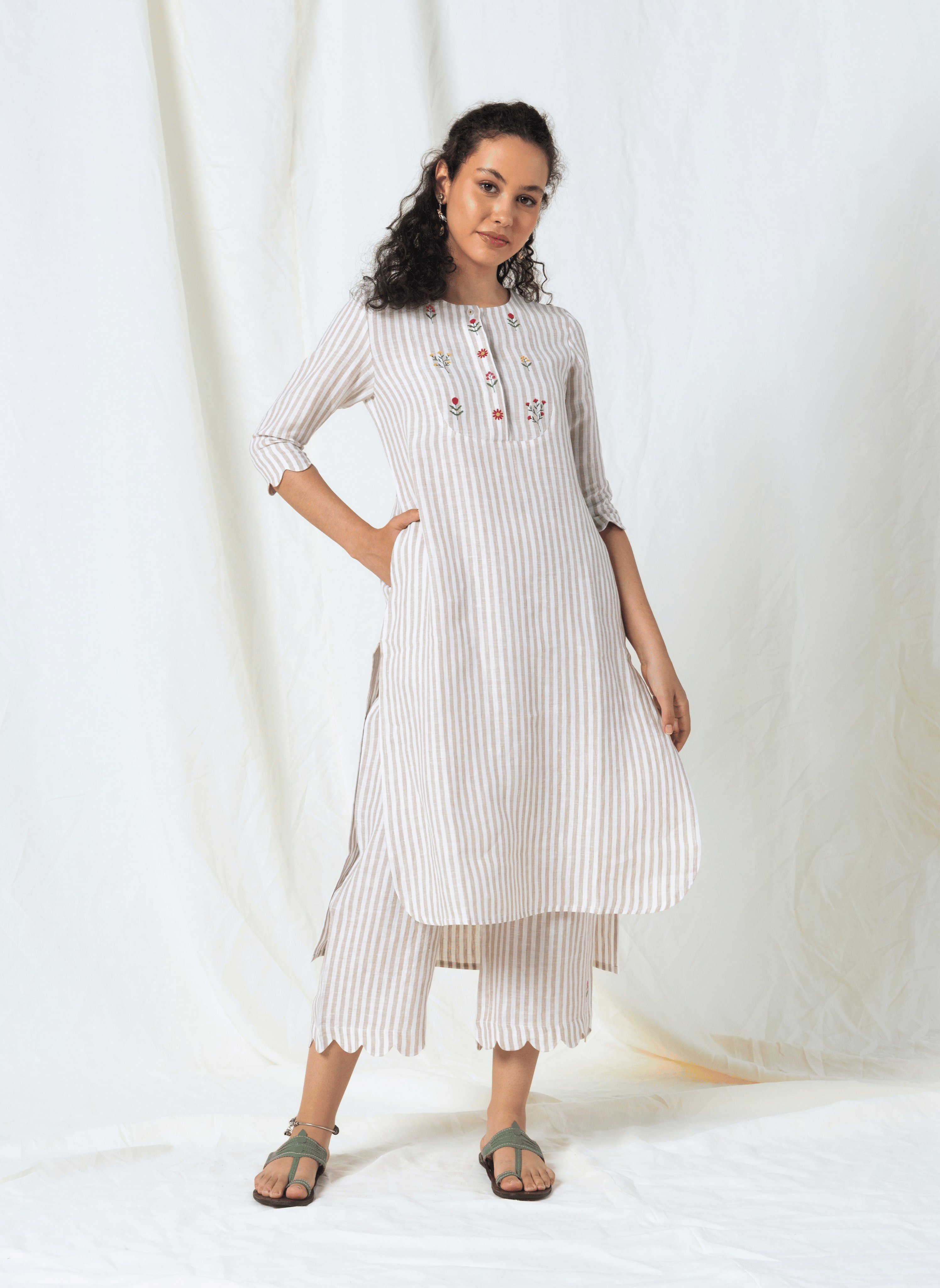100% Linen Beige Striped Scalloped Kurta Set – MWA20402-20412
