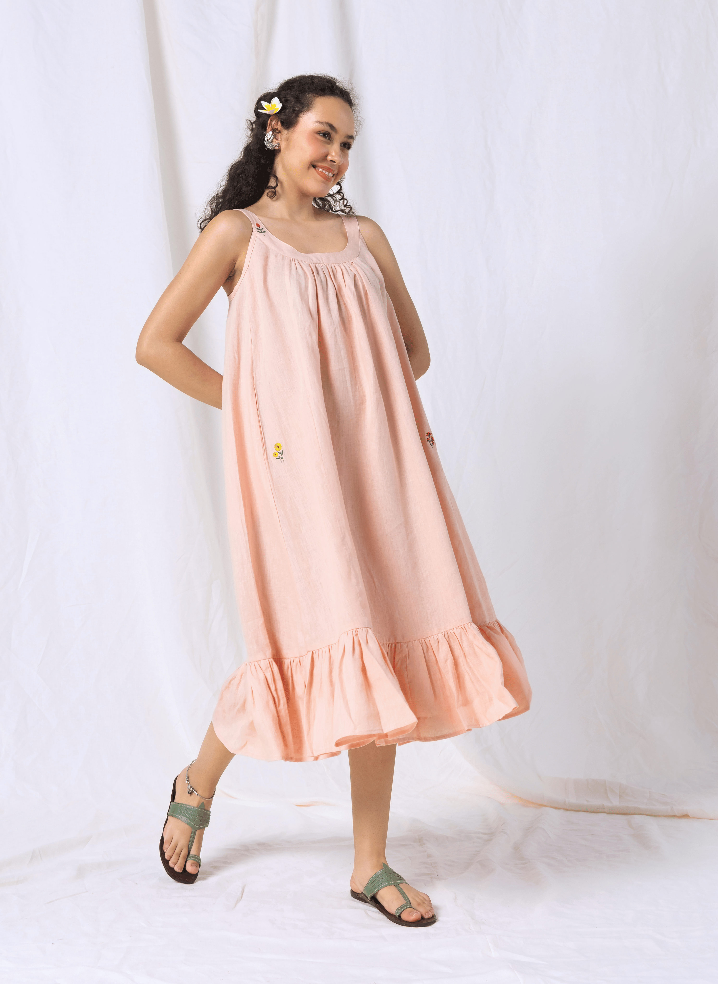 100% Linen Peach Sleeveless Midi Dress with Embroidery – MWA20261