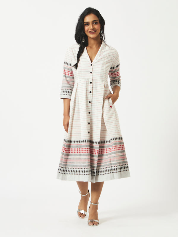 Organic Cotton White Dobby Shawl Collar Pleated Dress - MSG60BWHJCQ