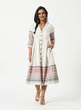 Organic Cotton White Dobby Shawl Collar Pleated Dress