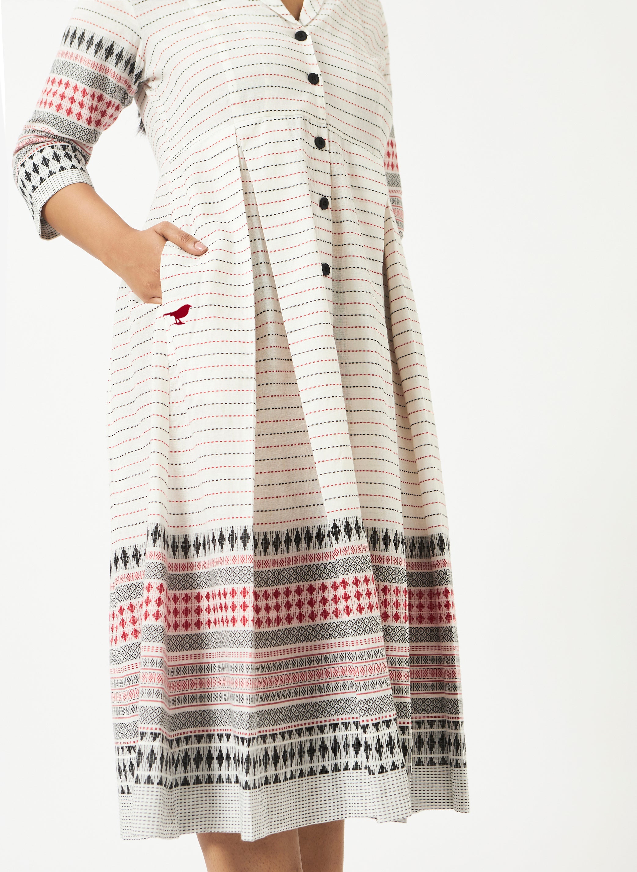 Organic Cotton White Dobby Shawl Collar Pleated Dress - MSG60BWHJCQ