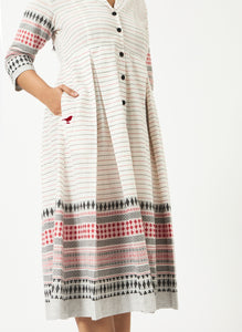 Organic Cotton White Dobby Shawl Collar Pleated Dress