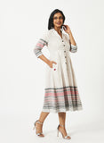 Organic Cotton White Dobby Shawl Collar Pleated Dress