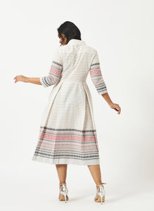 Organic Cotton White Dobby Shawl Collar Pleated Dress