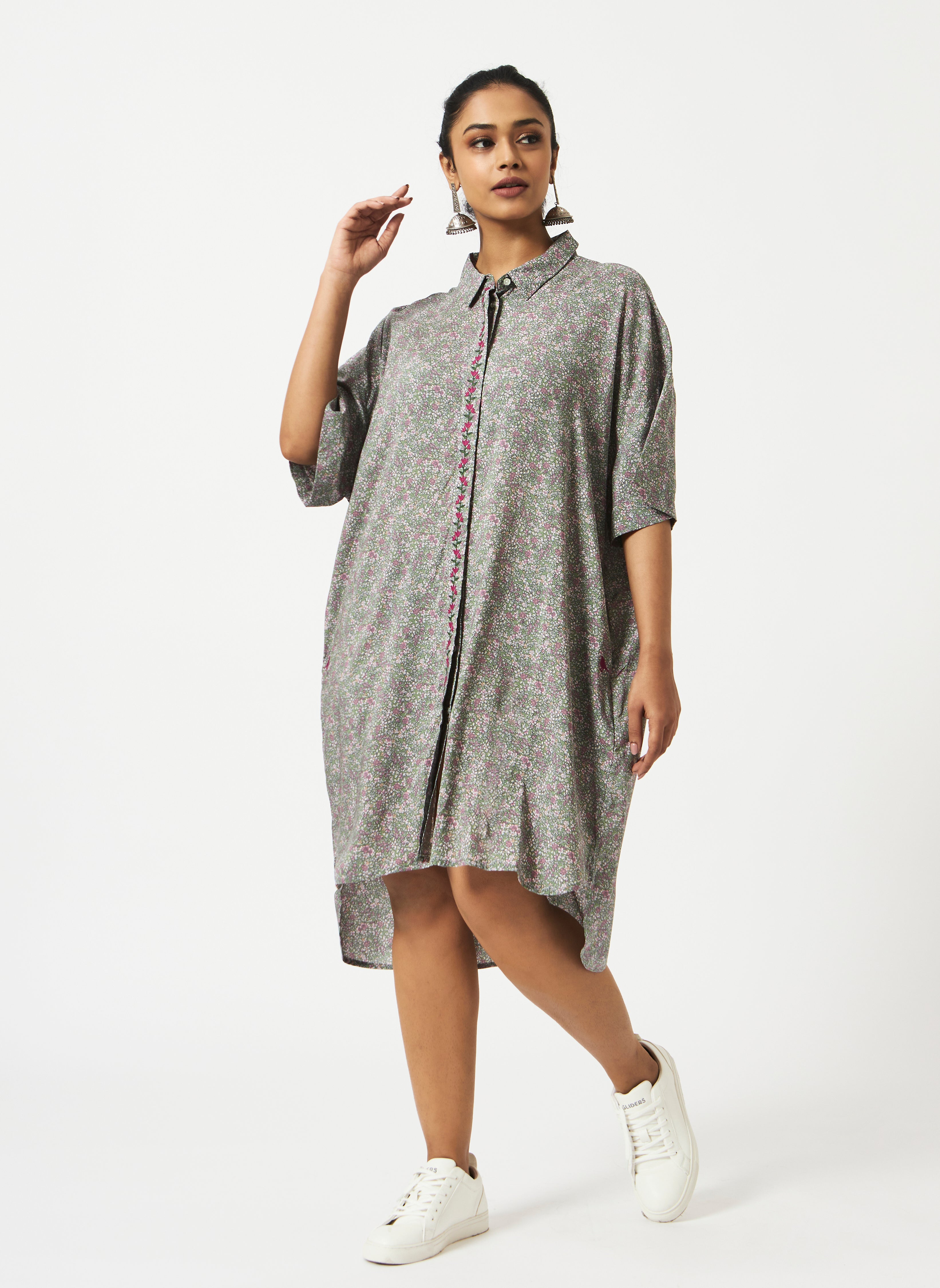 Tencel Green Ditsy Floral Printed Oversized Dress-MSG1035GNMF