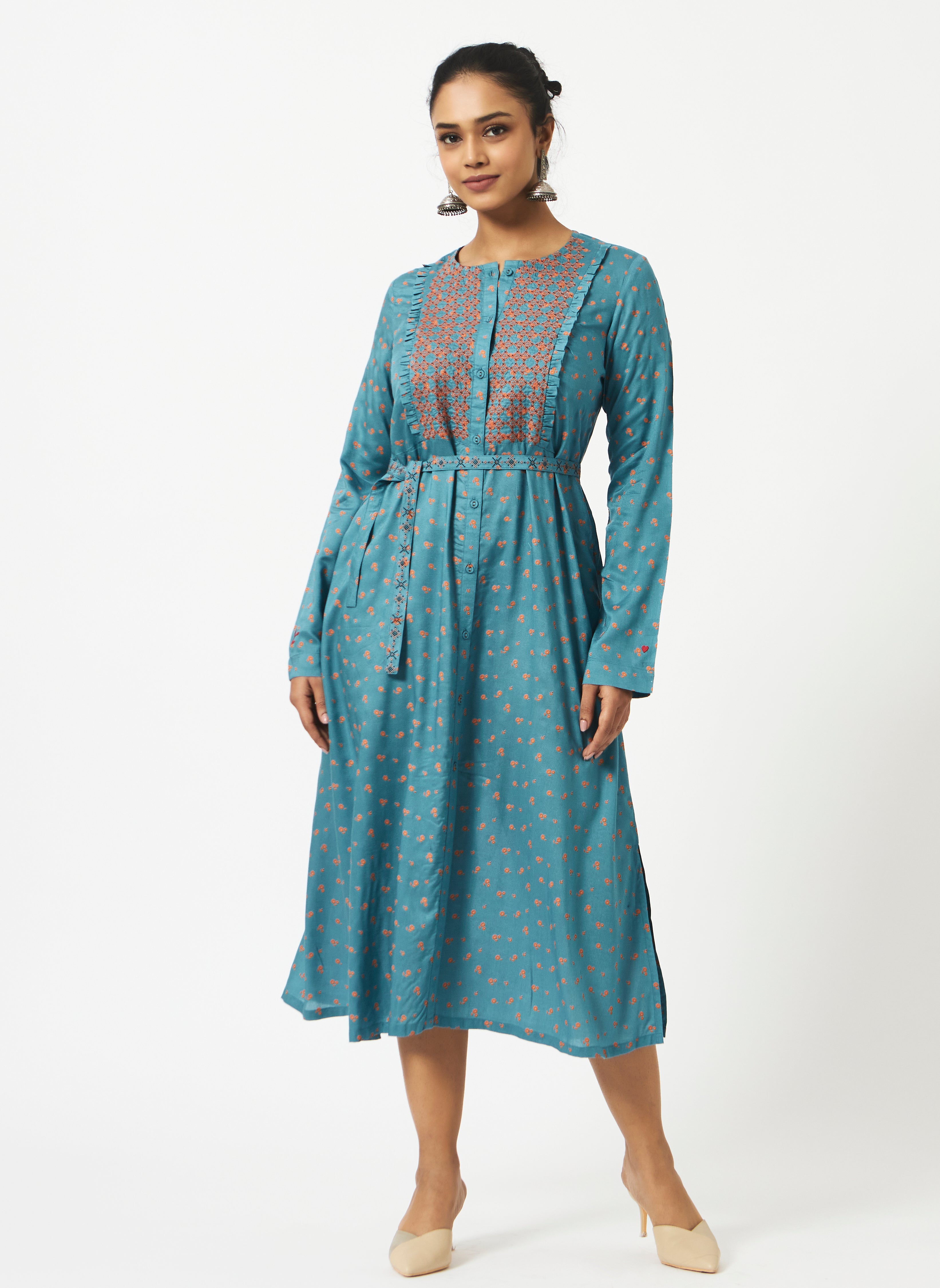 Eco Viscose Teal Blue Printed Full-Sleeve Dress-MSG02BLPRT