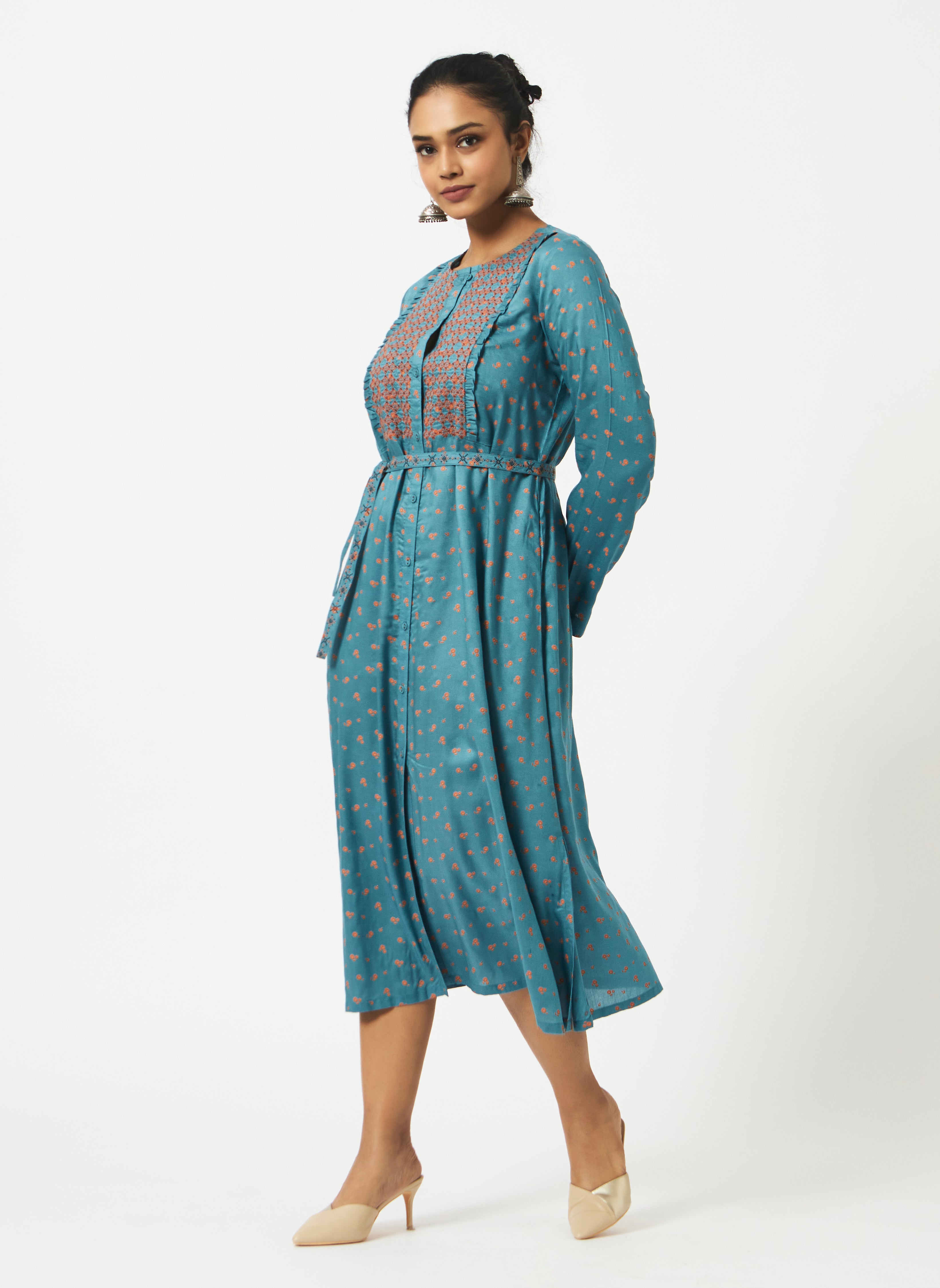 Eco Viscose Teal Blue Printed Full-Sleeve Dress-MSG02BLPRT