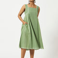 Organic Cotton Dobby Green Square Neck Dress - MSG03GRNDBY