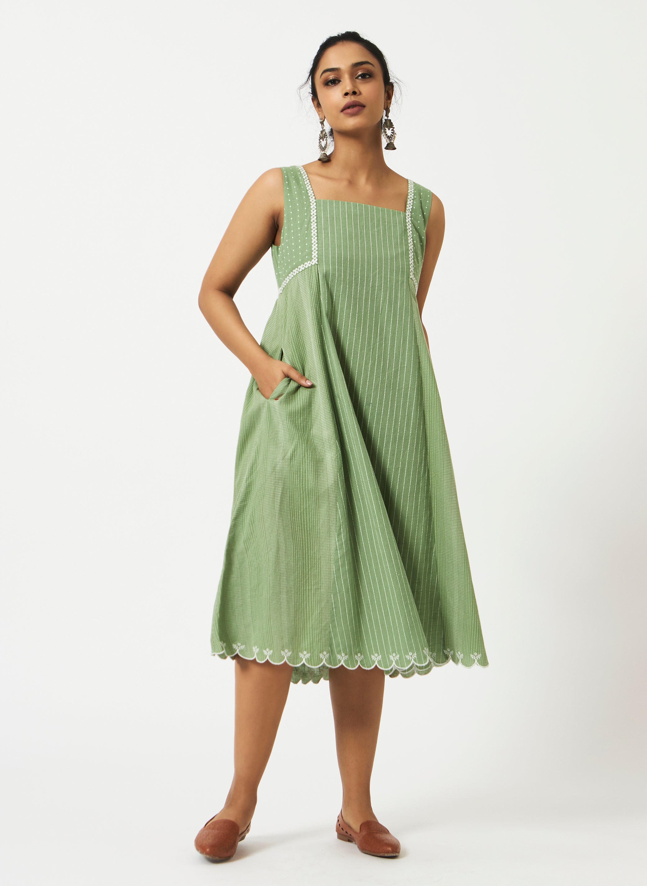 Organic Cotton Dobby Green Square Neck Dress - MSG03GRNDBY