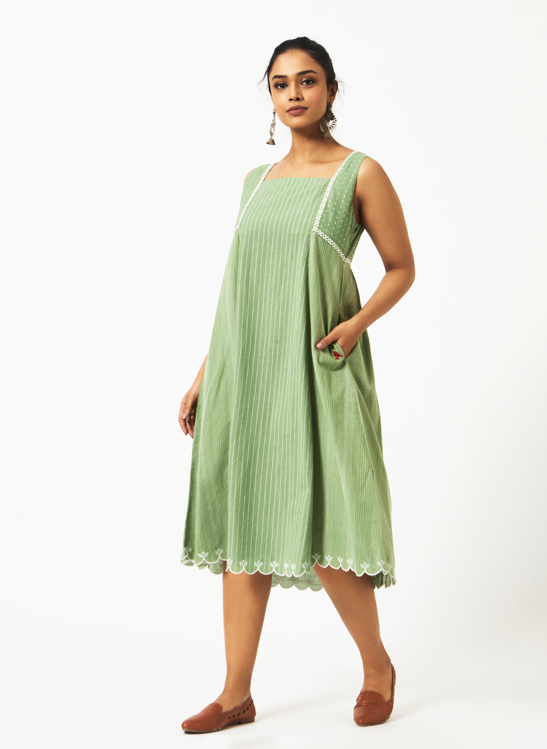 Organic Cotton Dobby Green Square Neck Dress - MSG03GRNDBY