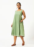 Organic Cotton Dobby Green Square Neck Dress - MSGCS03GRNDBY