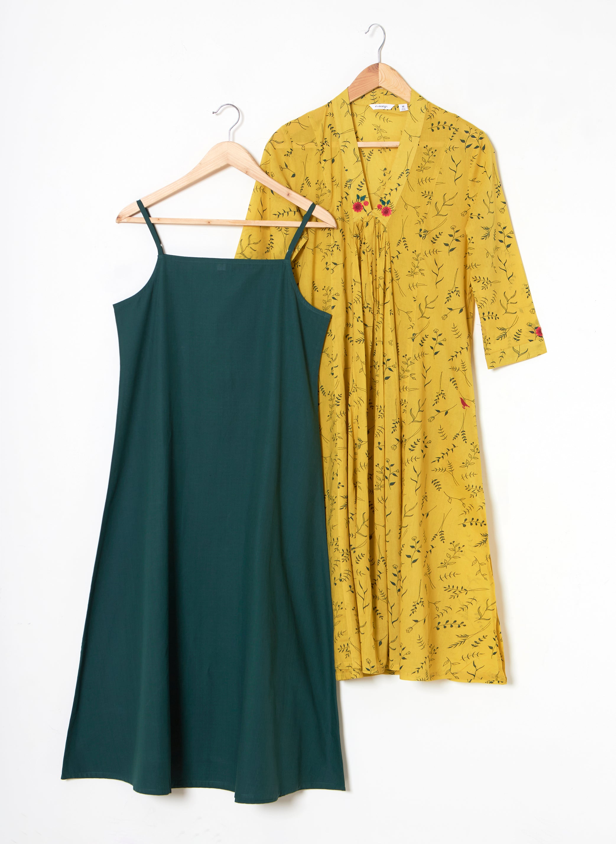 Organic Cotton Yellow V neck Printed Layered Dress - MSG041YLWG