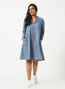 Organic Cotton Blue Chambray Dobby Full Sleeve Dress