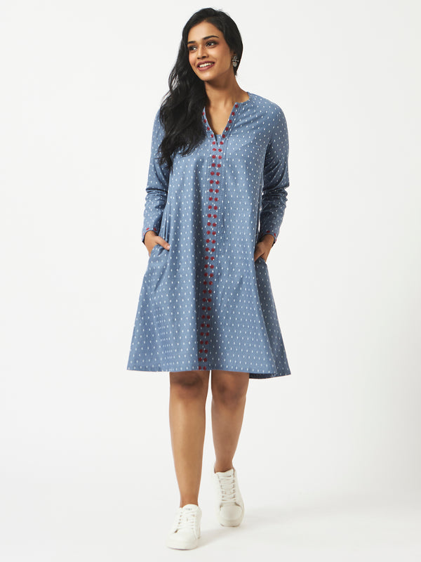 Organic Cotton Blue Chambray Dobby Full Sleeve Dress - MSG23CS042BLDBY