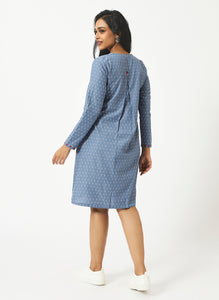 Organic Cotton Blue Chambray Dobby Full Sleeve Dress