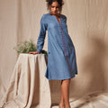 Organic Cotton Blue Chambray Dobby Full Sleeve Dress - MSG042BLDBY