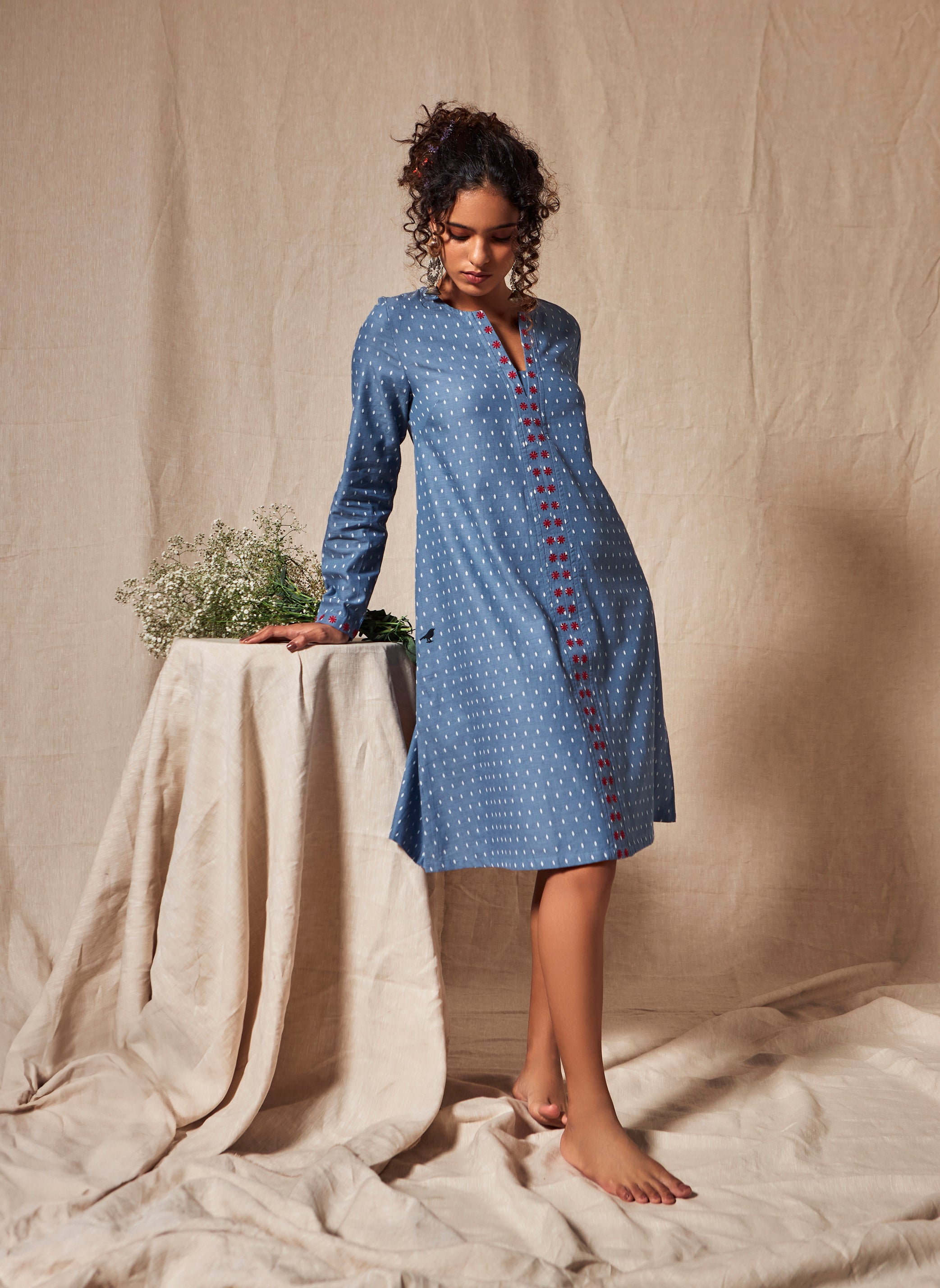 Organic Cotton Blue Chambray Dobby Full Sleeve Dress - MSG042BLDBY