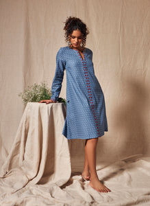 Organic Cotton Blue Chambray Dobby Full Sleeve Dress