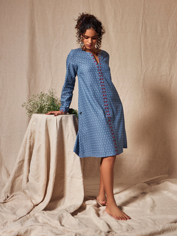 Organic Cotton Blue Chambray Dobby Full Sleeve Dress - MSG23CS042BLDBY