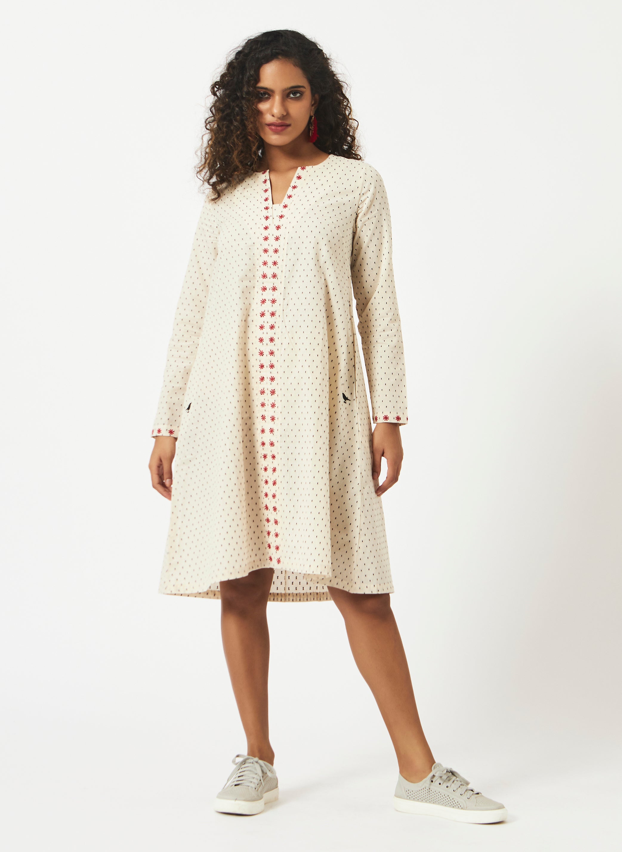 Organic Cotton Off-white Dobby Full Sleeve Dress - MSG042OW