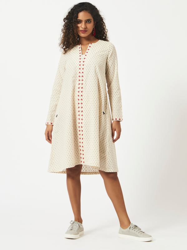 Organic Cotton Off-white Dobby Full Sleeve Dress - MSG23CS042OW