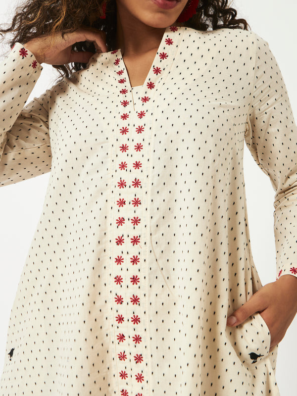 Organic Cotton Off-white Dobby Full Sleeve Dress - MSG23CS042OW