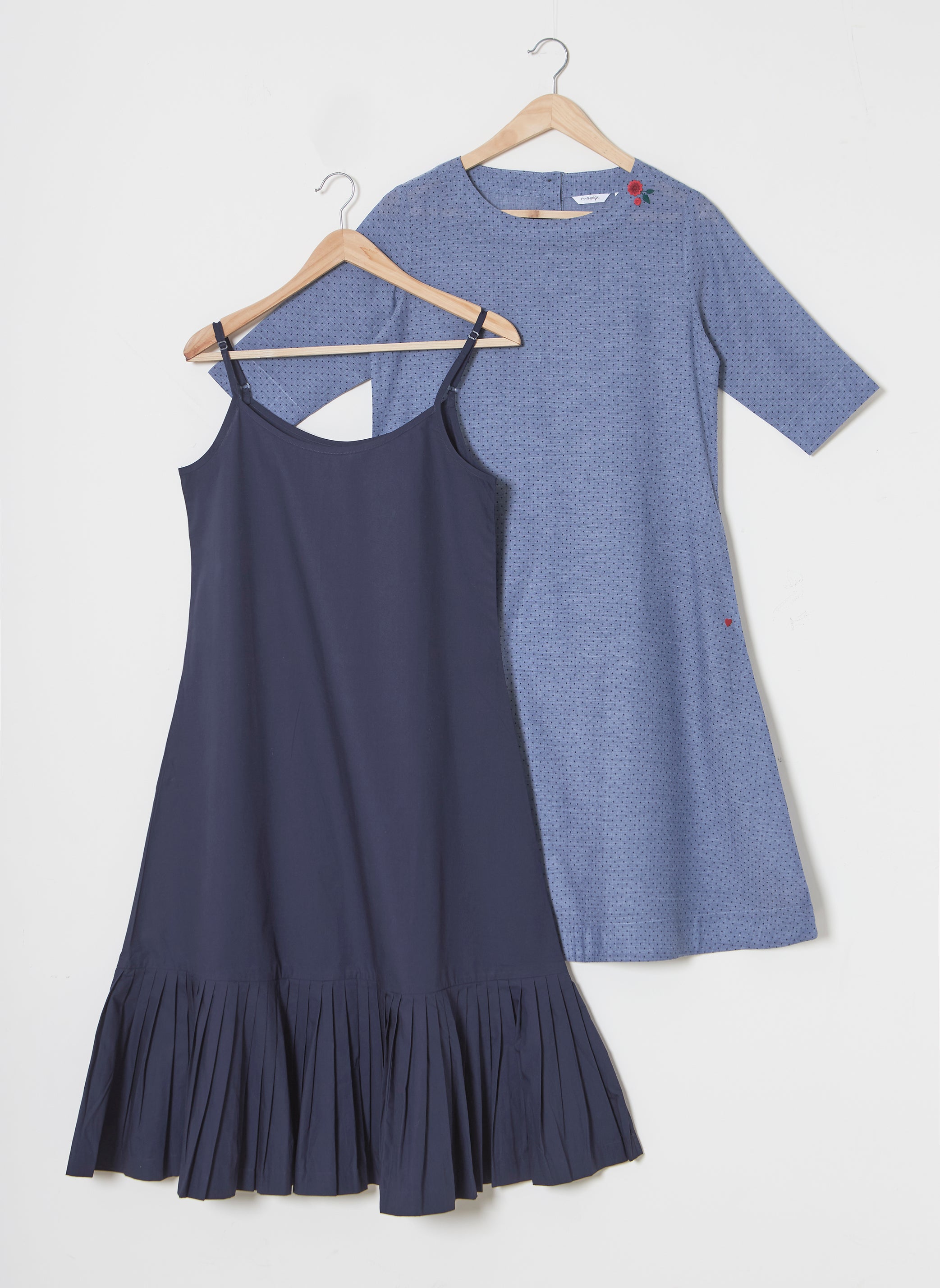 Organic Cotton Blue Chambray Printed Layered Half-Sleeve Dress - MSG06BCDT