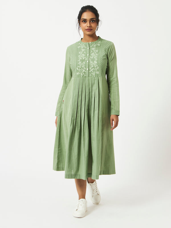 Organic Cotton Dobby Green Pleated Dress - MSGCS08GRNWDBY