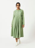 Organic Cotton Dobby Green Pleated Dress - MSGCS08GRNWDBY