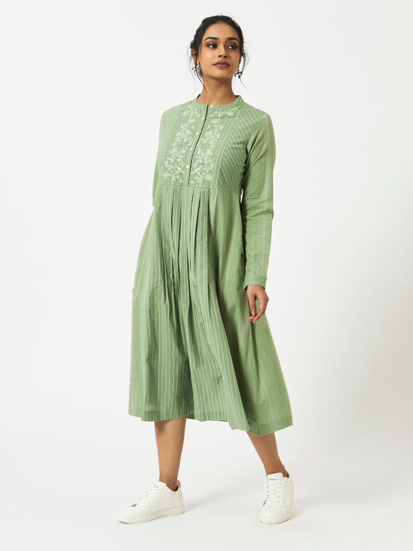 Organic Cotton Dobby Green Pleated Dress - MSGCS08GRNWDBY