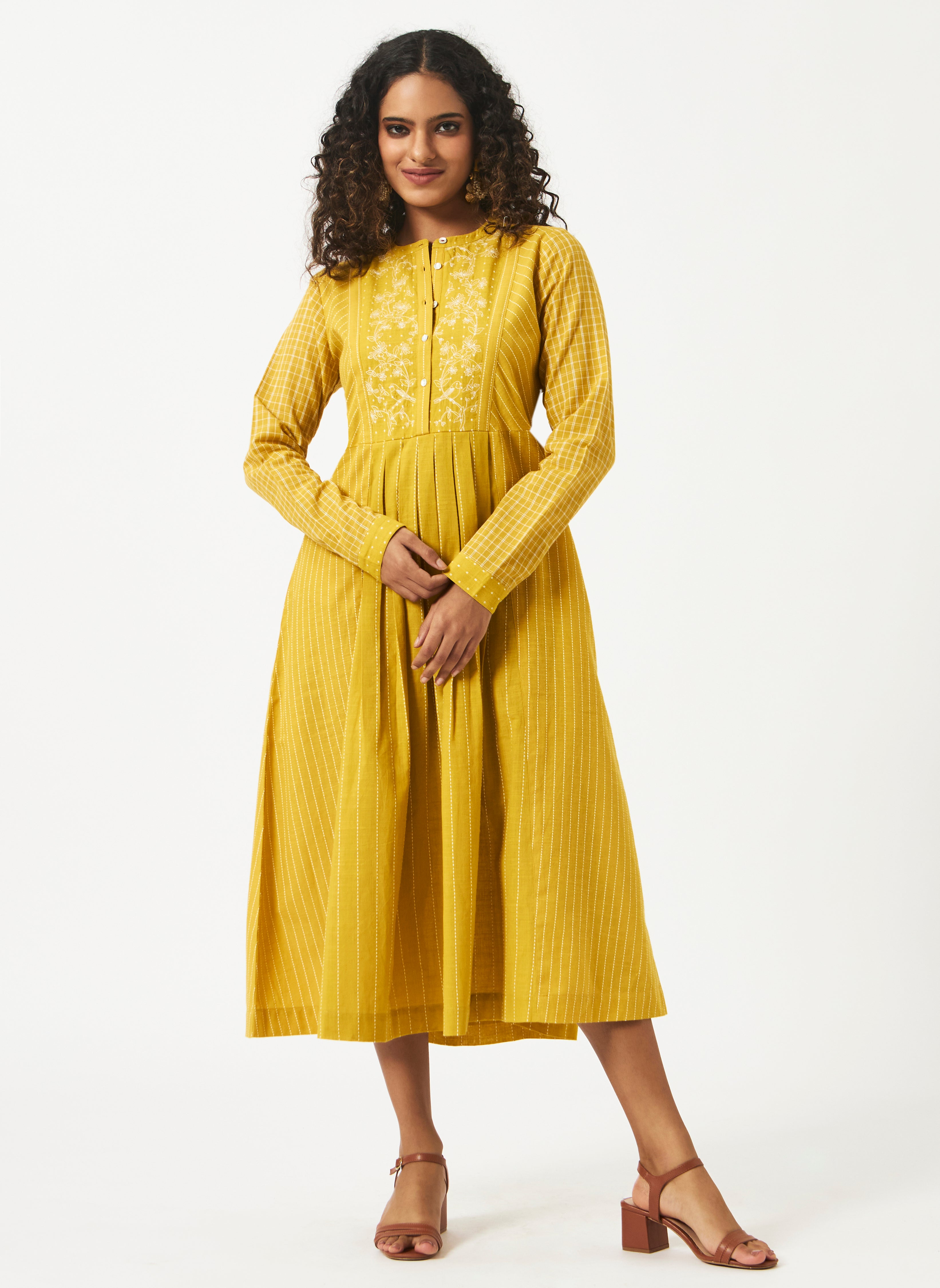 Organic Cotton Dobby Yellow Pleated Dress - MSG08BYLWDBY